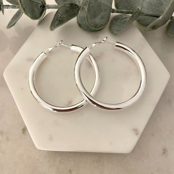 925 Sterling Silver Hoop Earrings Large Silver Hoops Chunky Earrings - Picture 3 of 5